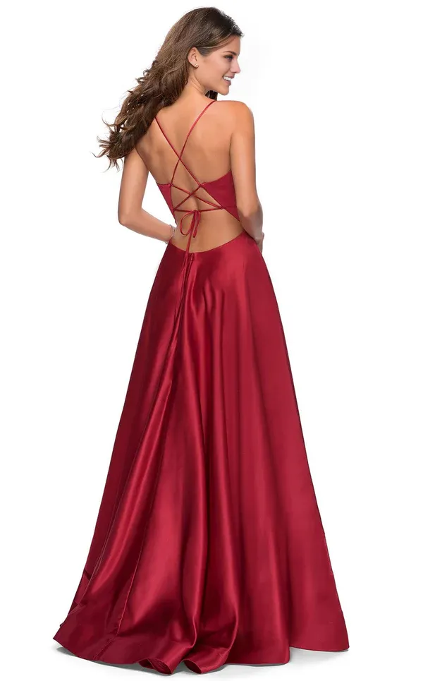 A-line deep V-neck thin shoulder strap slit and floor length evening gown