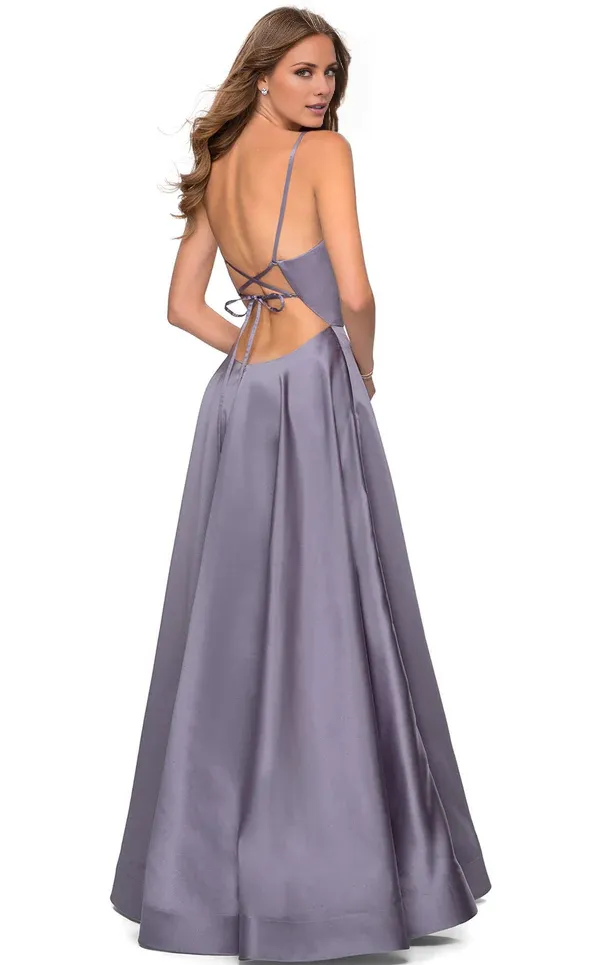 A-line deep V-neck thin shoulder strap slit and floor length evening gown