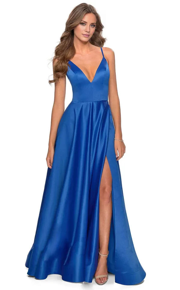 A-line deep V-neck thin shoulder strap slit and floor length evening gown