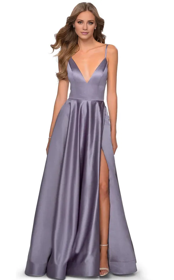 A-line deep V-neck thin shoulder strap slit and floor length evening gown