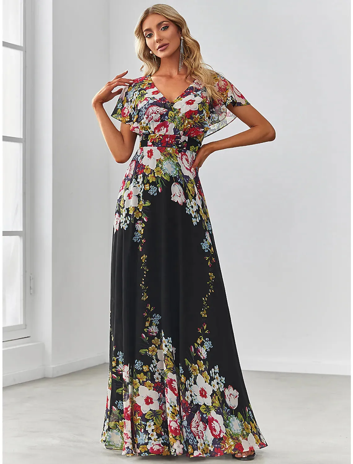 A-Line Evening Gown Elegant Dress Floor Length Short Sleeve V Neck Chiffon with Pattern