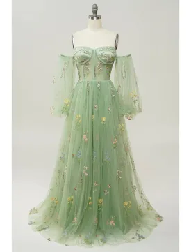 A-Line Evening Gown Floral Dress Formal Floor Length Long Sleeve Sweetheart Lace Backless with Pleats Appliques