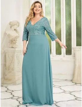 A-Line Evening Gown Plus Size Dress Wedding Guest Black Tie Floor Length 3/4 Length Sleeve V Neck Chiffon V Back with Sequin
