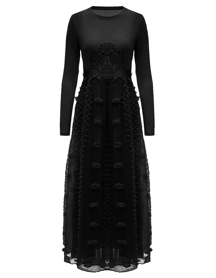 ALLOVIN Women's Long Sleeve Hollow Out Boho Maxi Dress Flowy Casual Long Tulle Dress with Pockets