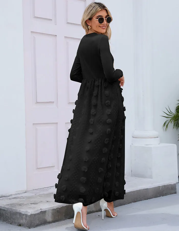 ALLOVIN Women's Long Sleeve Hollow Out Boho Maxi Dress Flowy Casual Long Tulle Dress with Pockets