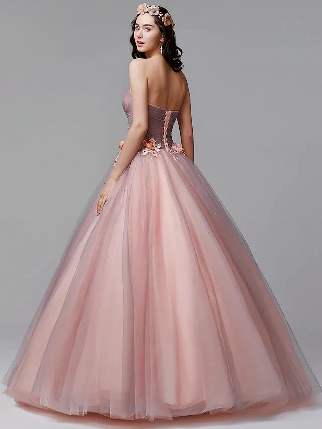 Ball Gown Floral Formal Evening Dress Strapless Sleeveless Floor Length Tulle with Pleats Flower