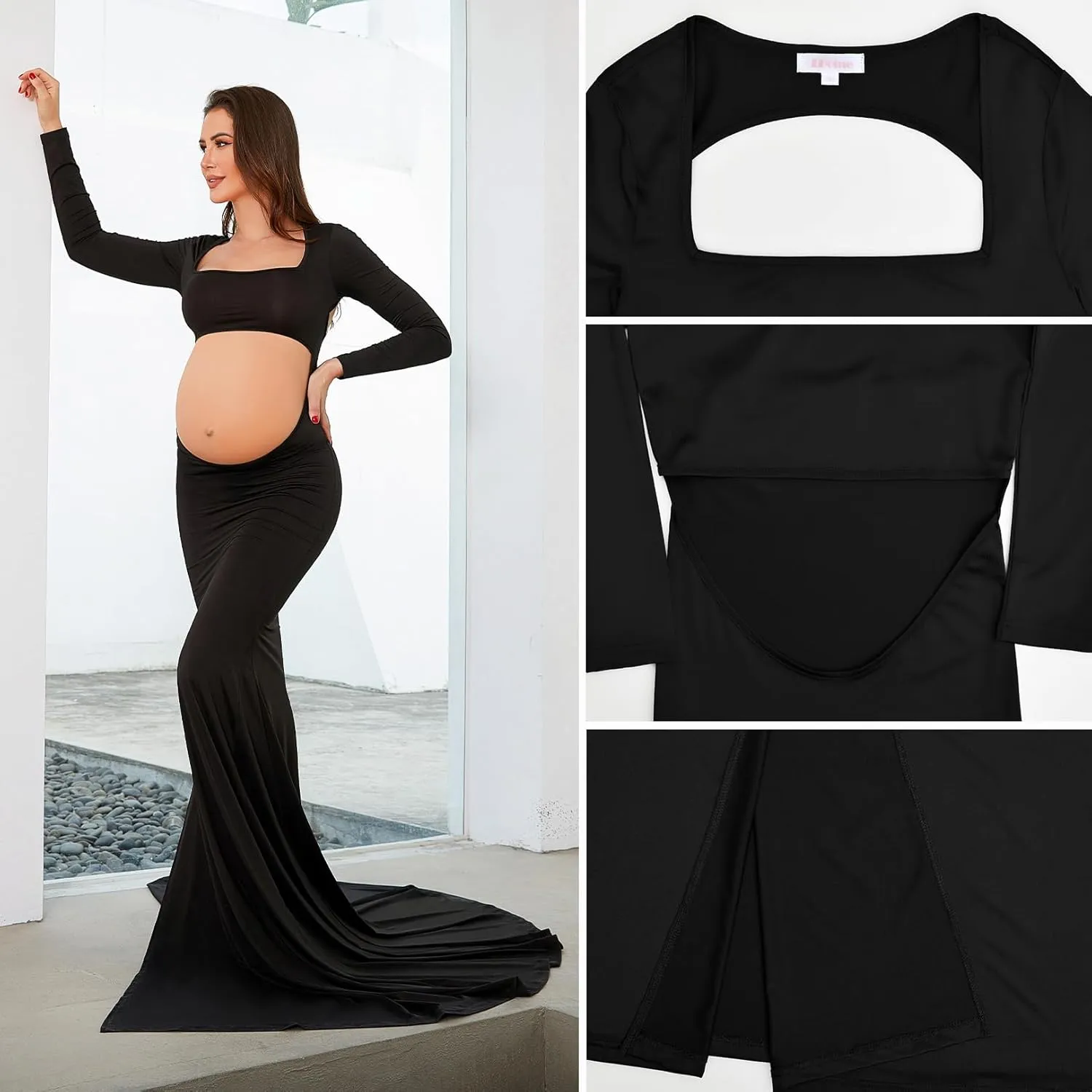 Bhome Maternity Dress for Photoshoot Cut-Out Backless Side Split Maternity Maxi Gown for Photoshoot