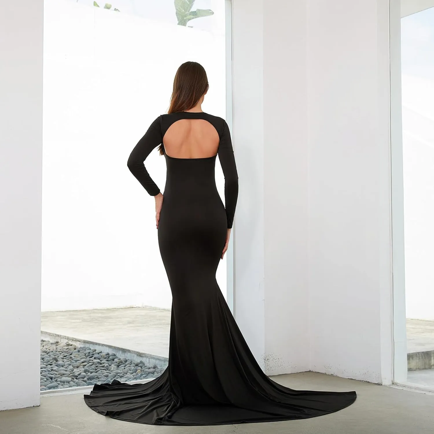 Bhome Maternity Dress for Photoshoot Cut-Out Backless Side Split Maternity Maxi Gown for Photoshoot