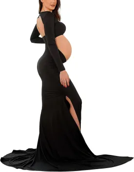 Bhome Maternity Dress for Photoshoot Cut-Out Backless Side Split Maternity Maxi Gown for Photoshoot