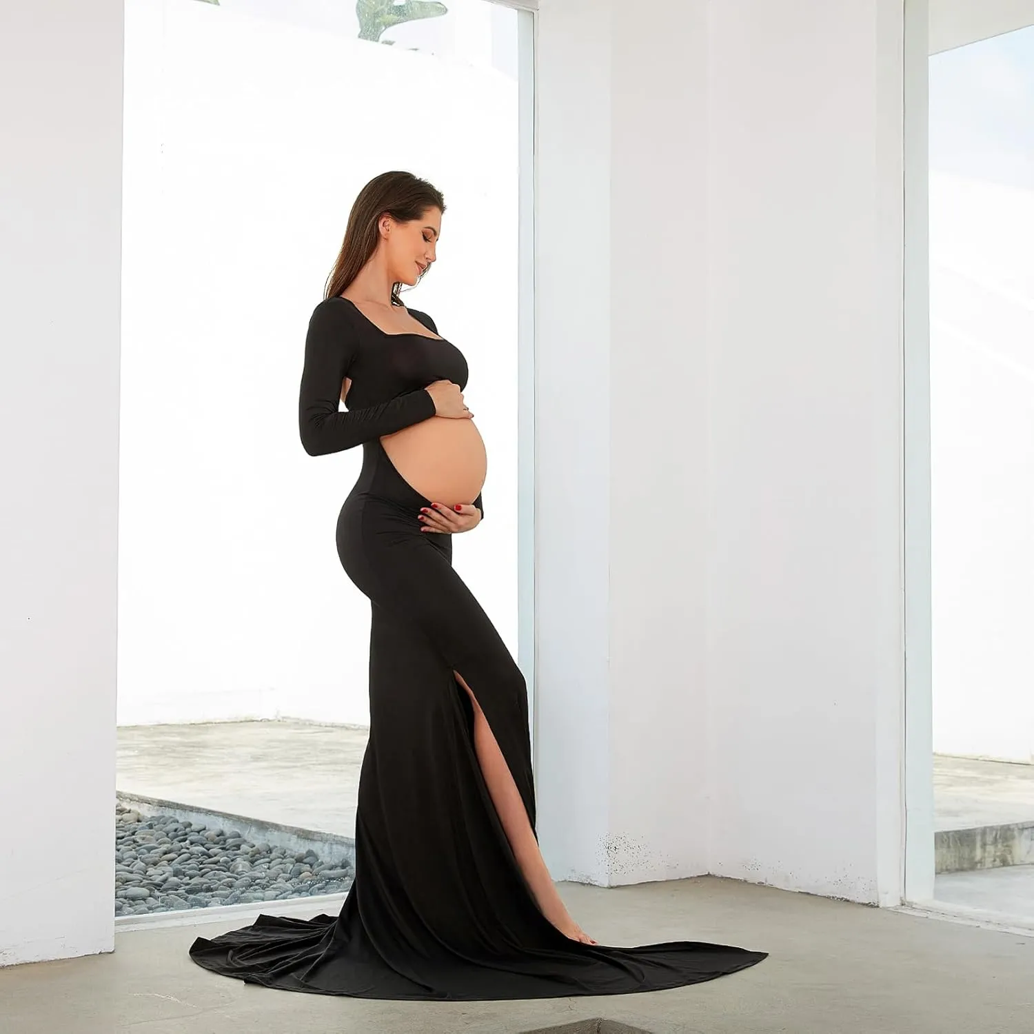 Bhome Maternity Dress for Photoshoot Cut-Out Backless Side Split Maternity Maxi Gown for Photoshoot