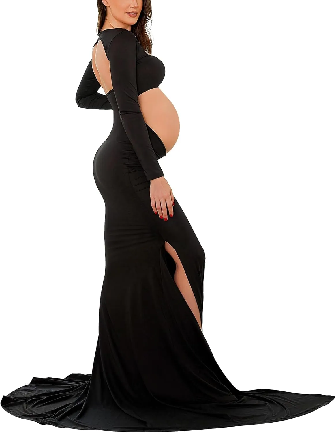 Bhome Maternity Dress for Photoshoot Cut-Out Backless Side Split Maternity Maxi Gown for Photoshoot