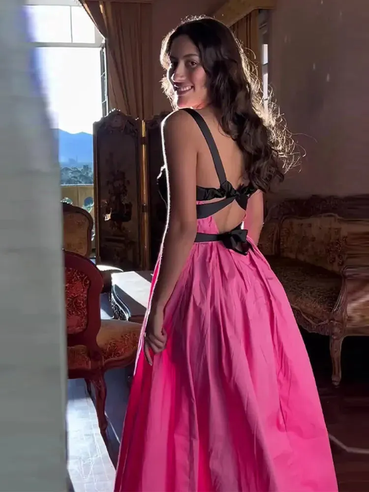 Boho Beach Maxi Dress - Pink Spaghetti Strap - Backless Bow Tie Loose Slip Long Dress