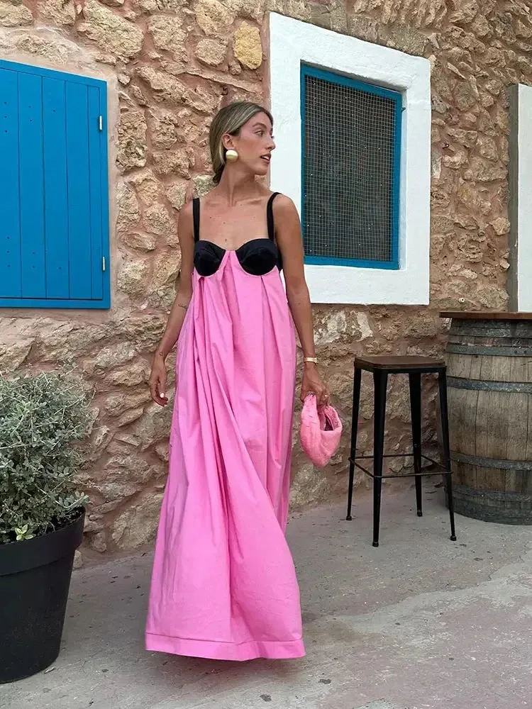 Boho Beach Maxi Dress - Pink Spaghetti Strap - Backless Bow Tie Loose Slip Long Dress
