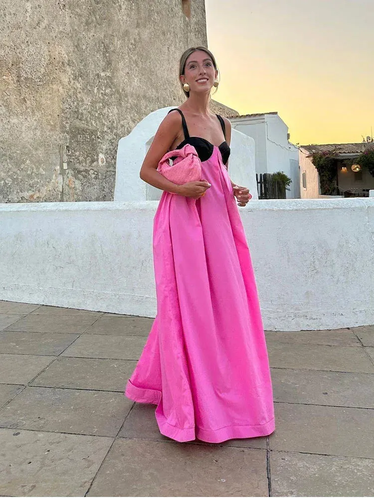 Boho Beach Maxi Dress - Pink Spaghetti Strap - Backless Bow Tie Loose Slip Long Dress