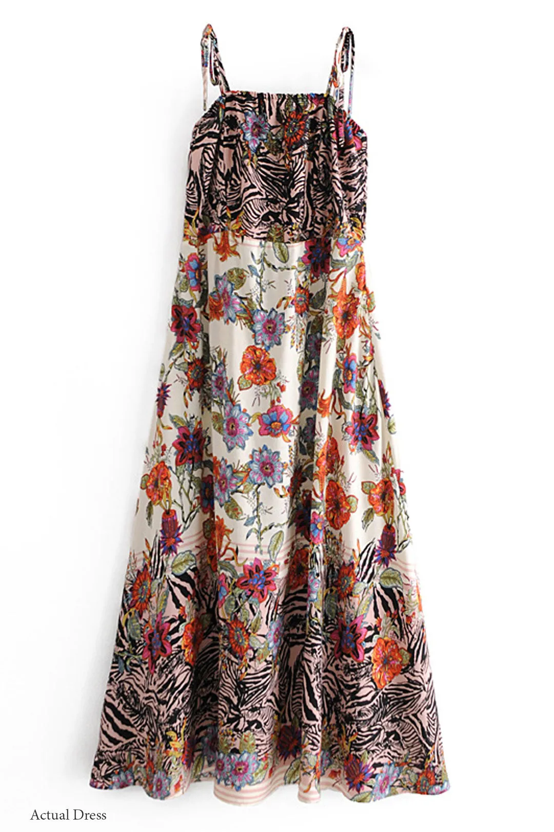 Boho Maxi Dress, Strappy, Black White Flower Zebra