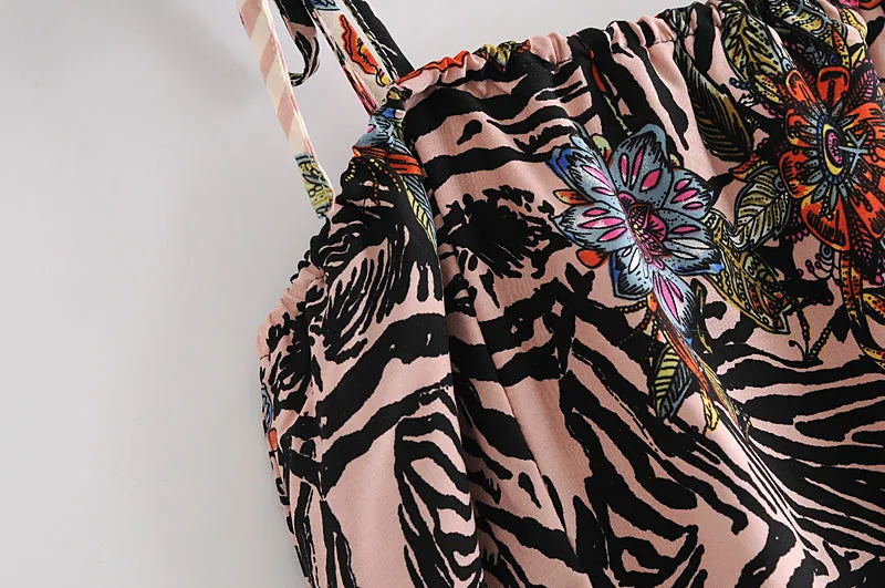 Boho Maxi Dress, Strappy, Black White Flower Zebra