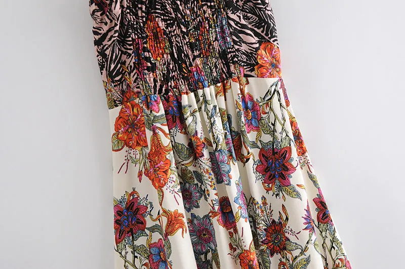 Boho Maxi Dress, Strappy, Black White Flower Zebra
