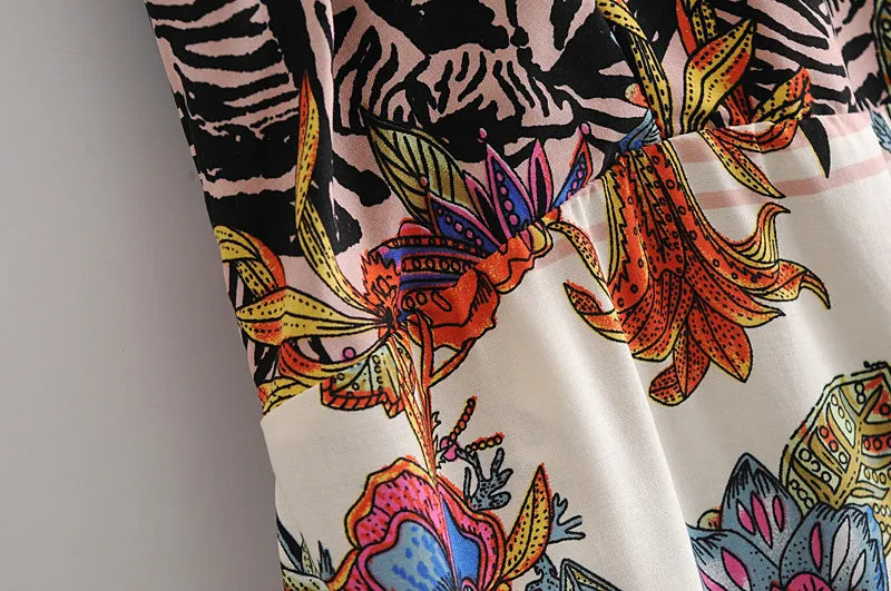 Boho Maxi Dress, Strappy, Black White Flower Zebra