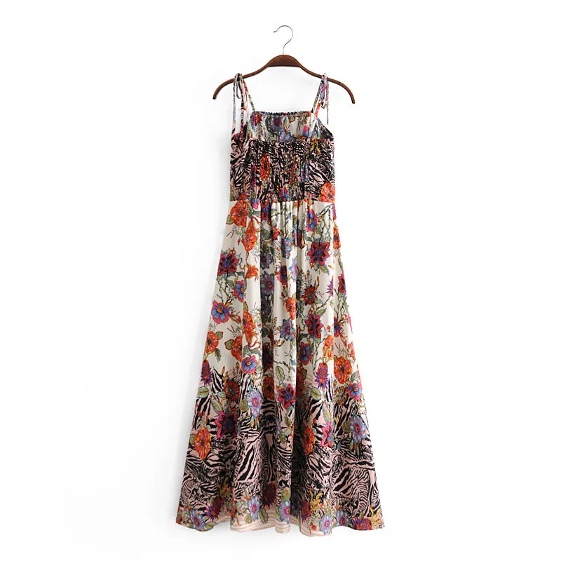Boho Maxi Dress, Strappy, Black White Flower Zebra