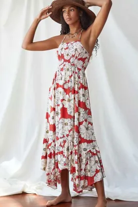 Boho Maxi Dress, Strappy, Red Peony