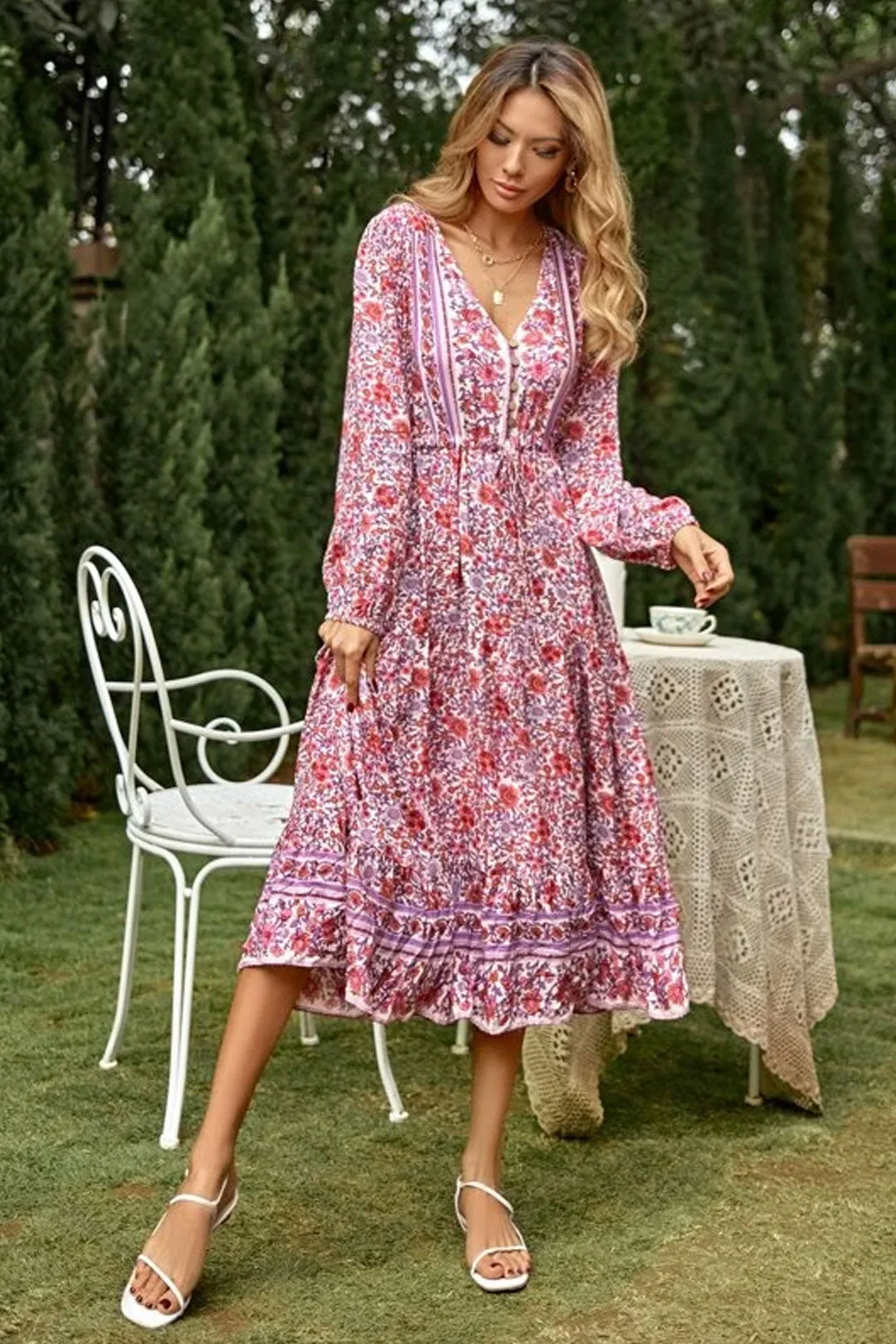Boho Maxi Dress, Sundress, Pink Purple Rose