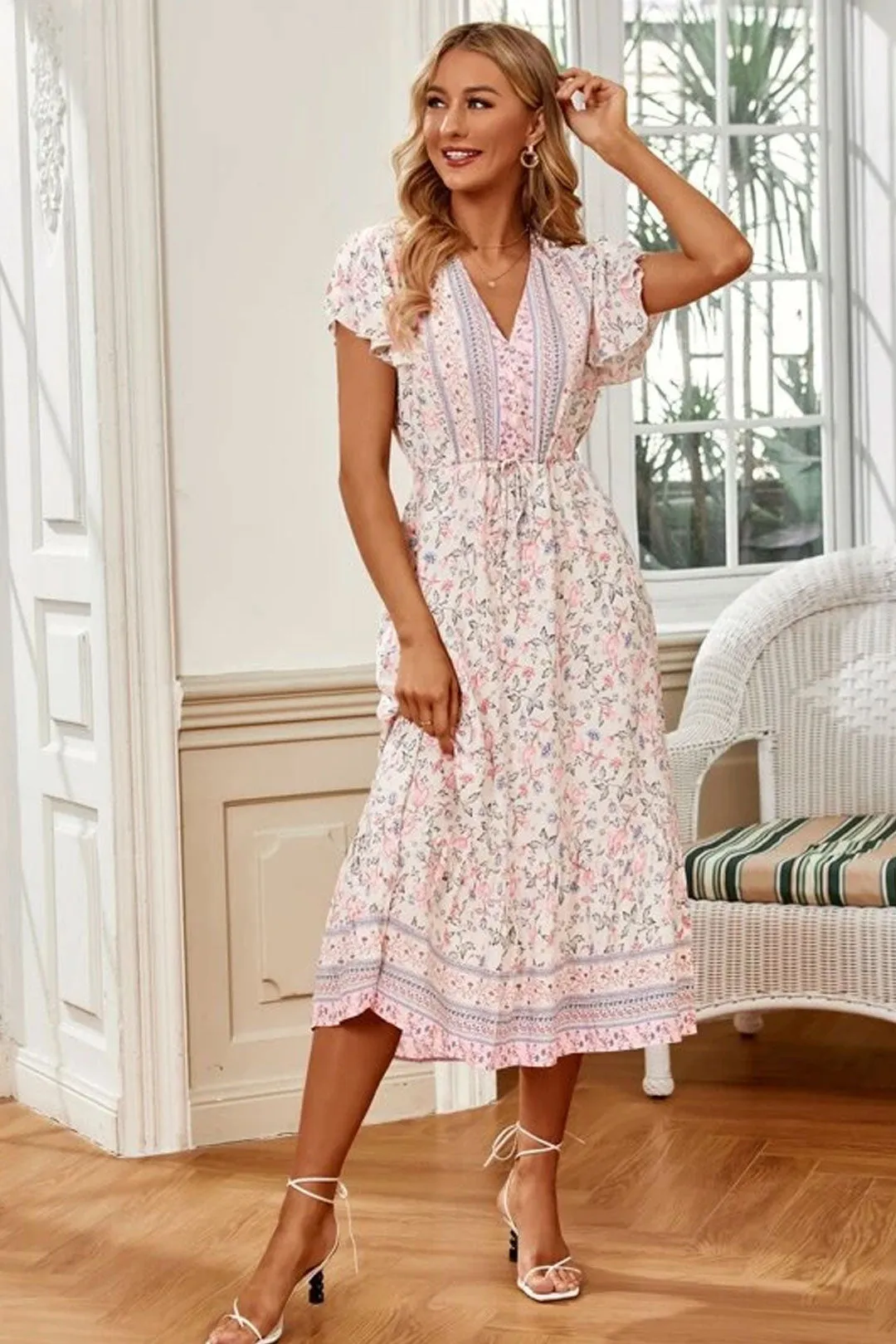 Boho Midi Dress, Sundress, Pink Blush Rose
