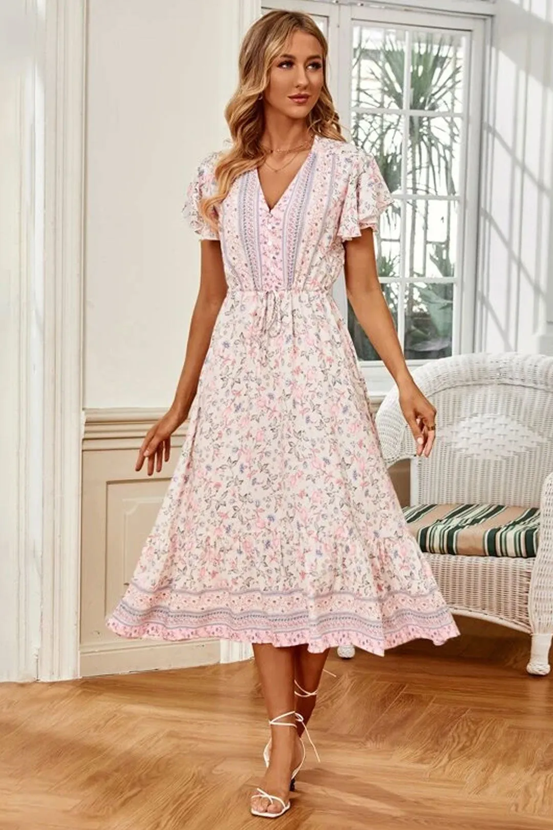 Boho Midi Dress, Sundress, Pink Blush Rose