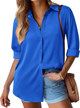 BTFBM Button Down Satin Blouses for Women Dressy Casual Lapel V Neck Long Sleeve Shirts Loose Business Work Tops 2024