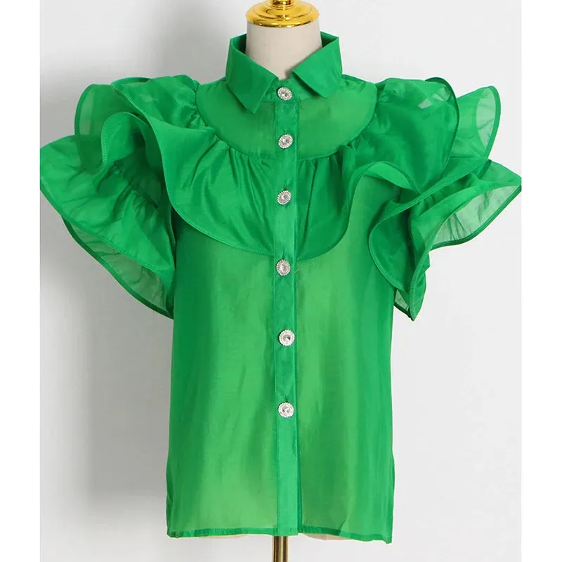 Casual Patchwork Ruffles Fashion Woman Blouses 2022 Lapel Short Sleeve Diamonds Button Through Shirts Female Style