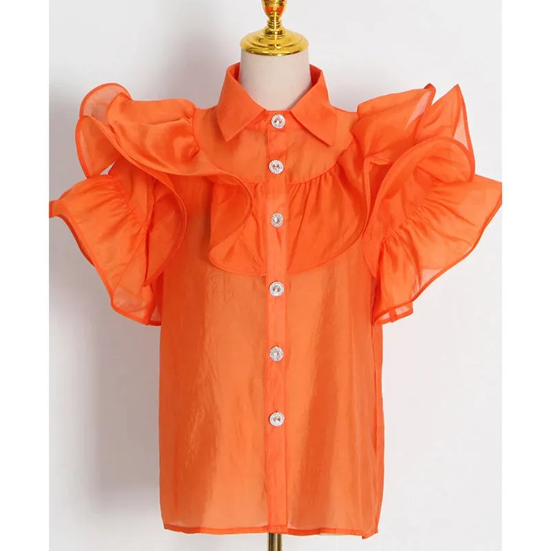 Casual Patchwork Ruffles Fashion Woman Blouses 2022 Lapel Short Sleeve Diamonds Button Through Shirts Female Style