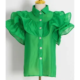 Casual Patchwork Ruffles Fashion Woman Blouses 2022 Lapel Short Sleeve Diamonds Button Through Shirts Female Style