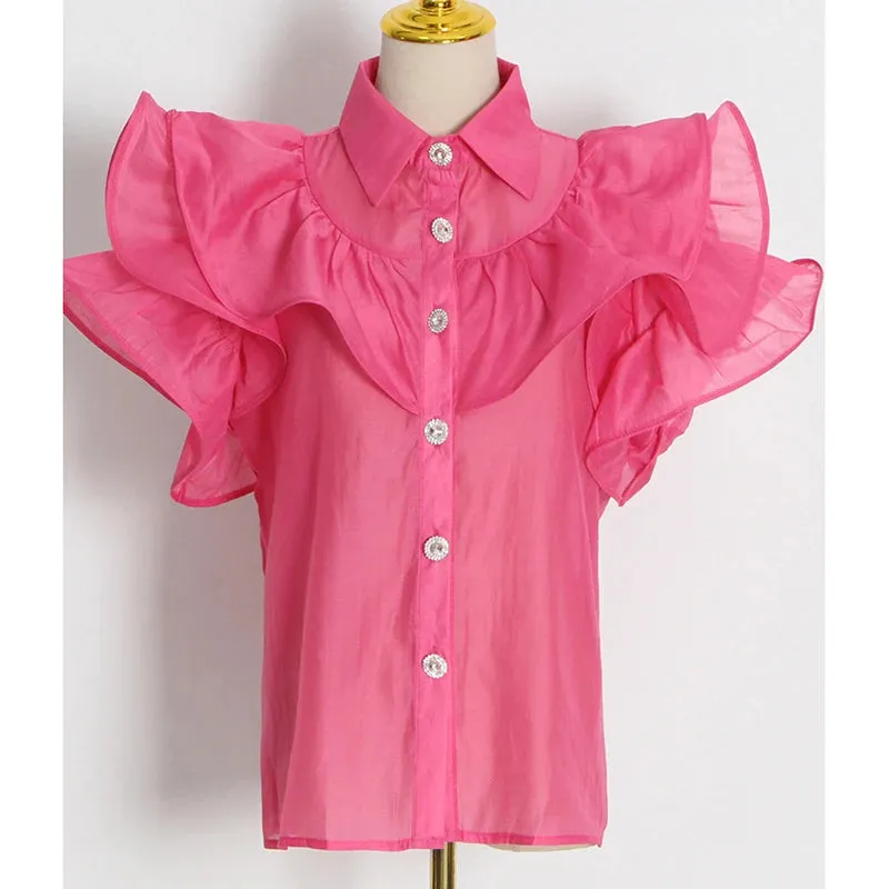 Casual Patchwork Ruffles Fashion Woman Blouses 2022 Lapel Short Sleeve Diamonds Button Through Shirts Female Style
