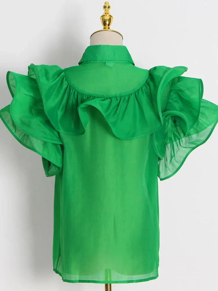 Casual Patchwork Ruffles Fashion Woman Blouses 2022 Lapel Short Sleeve Diamonds Button Through Shirts Female Style