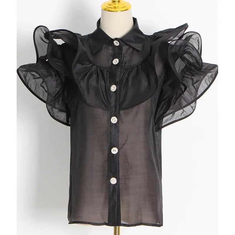 Casual Patchwork Ruffles Fashion Woman Blouses 2022 Lapel Short Sleeve Diamonds Button Through Shirts Female Style