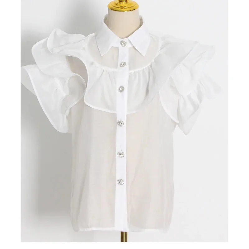 Casual Patchwork Ruffles Fashion Woman Blouses 2022 Lapel Short Sleeve Diamonds Button Through Shirts Female Style