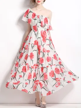 Convertible One or Off Shoulder Floral Printed Beach Maxi Swing Boho Dress