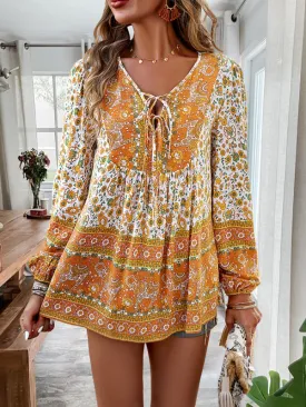 Dalila Women's Bohemian Printed Lace-Up Blouse