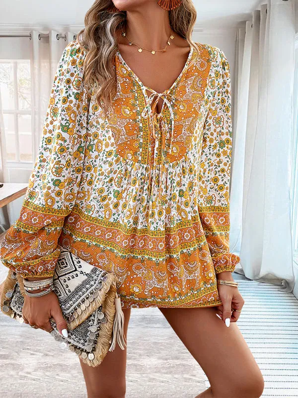 Dalila Women's Bohemian Printed Lace-Up Blouse