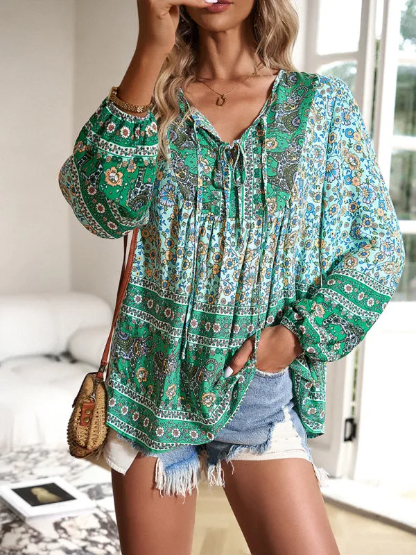 Dalila Women's Bohemian Printed Lace-Up Blouse
