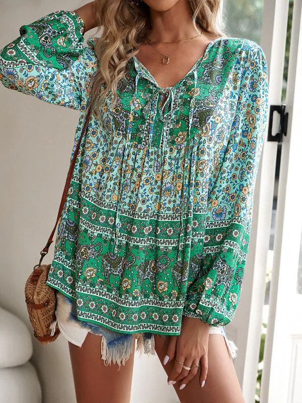 Dalila Women's Bohemian Printed Lace-Up Blouse