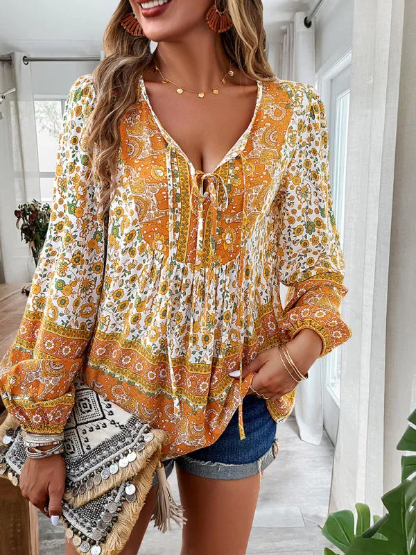 Dalila Women's Bohemian Printed Lace-Up Blouse