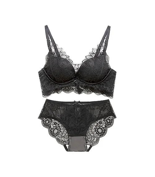 Deep V Eyelash Lace Push-Up Supportive Wireless Bra Set Black
