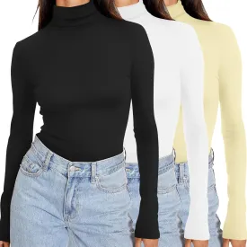 Ekouaer Women's 3 Pack Turtleneck Long Sleeve Shirts Slim Fit Thermal Underwear Tops Lightweight Pullover Tees