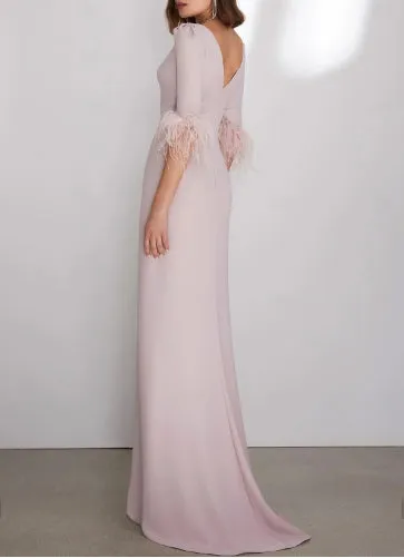 Evening Gown Wedding Guest Dress Floor Length 3/4 Length Sleeve Jewel Neck Stretch Crepe with Feather