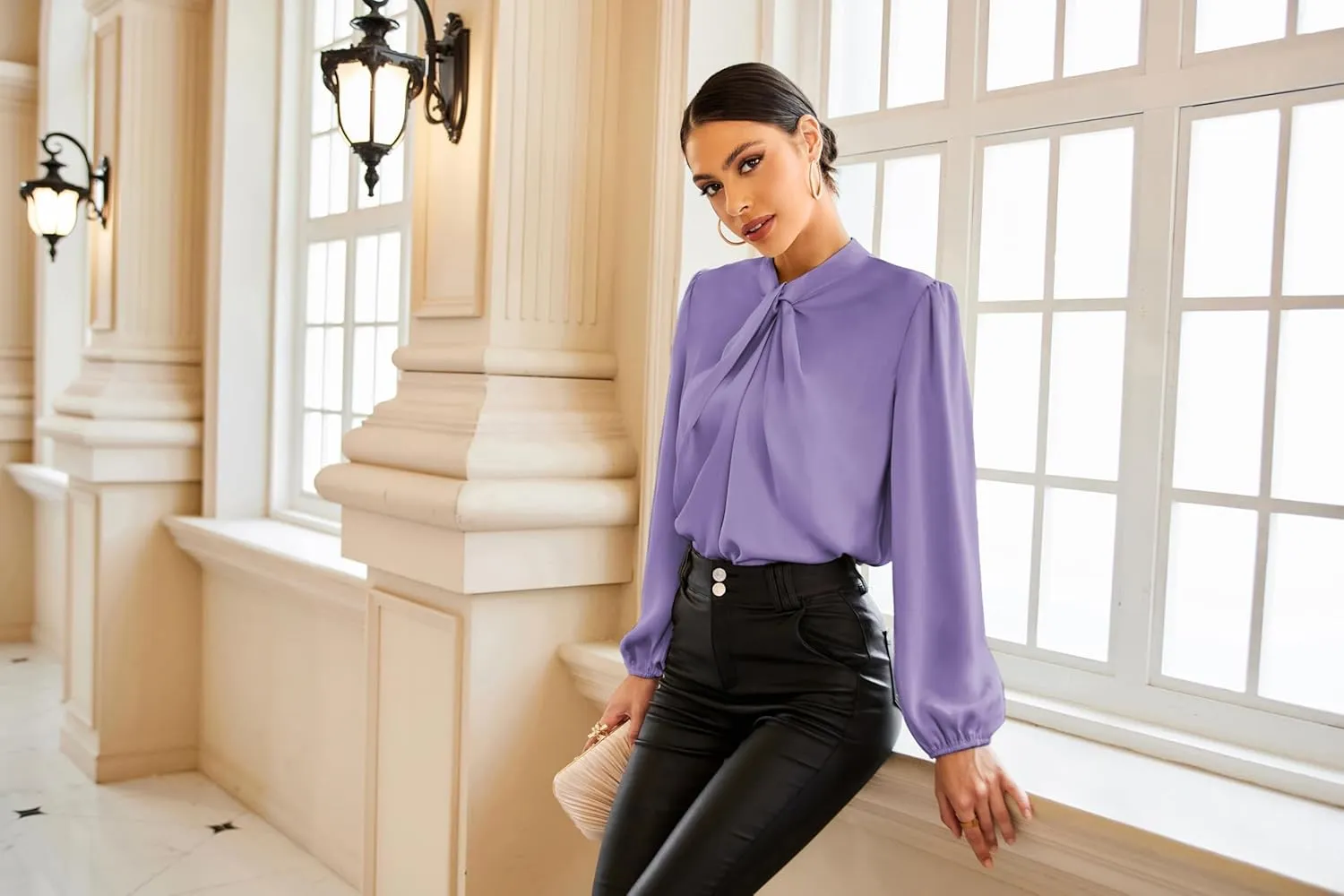 GRACE KARIN Women's Long Sleeve Shirts Mock Neck Casual Satin Blouse Tops for Business Office Work