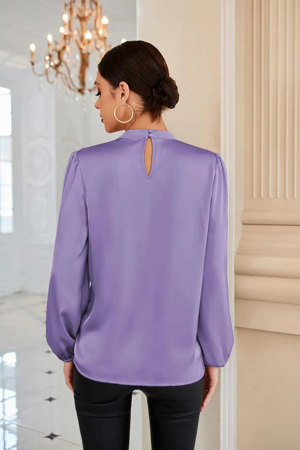GRACE KARIN Women's Long Sleeve Shirts Mock Neck Casual Satin Blouse Tops for Business Office Work