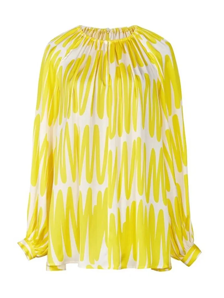 Hit Color Printing Shirt For Women Round Neck Lantern Sleeve Loose Pullover Casual Blouse Female Fashion Clothing