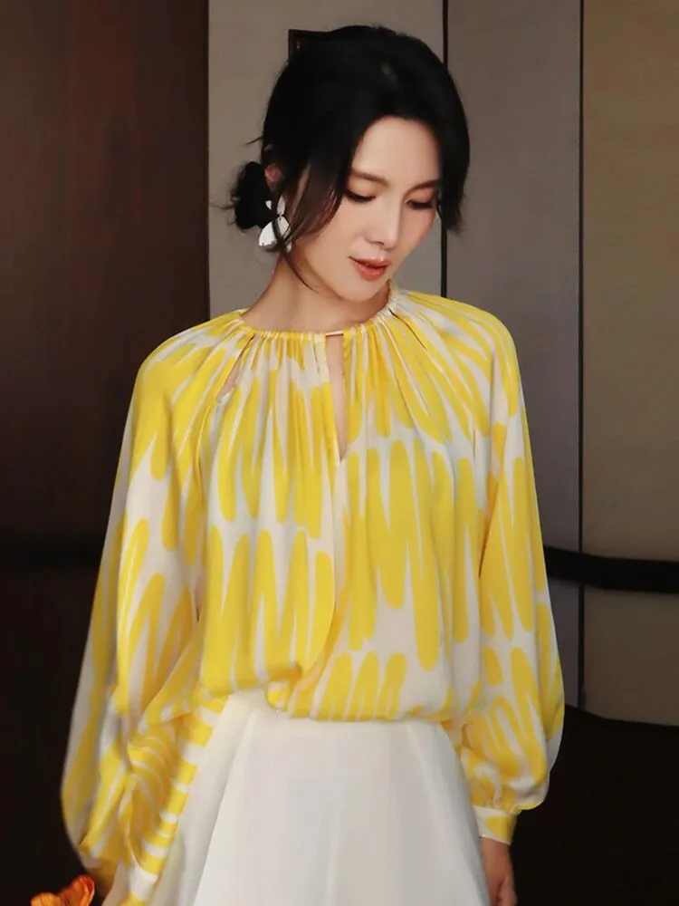Hit Color Printing Shirt For Women Round Neck Lantern Sleeve Loose Pullover Casual Blouse Female Fashion Clothing