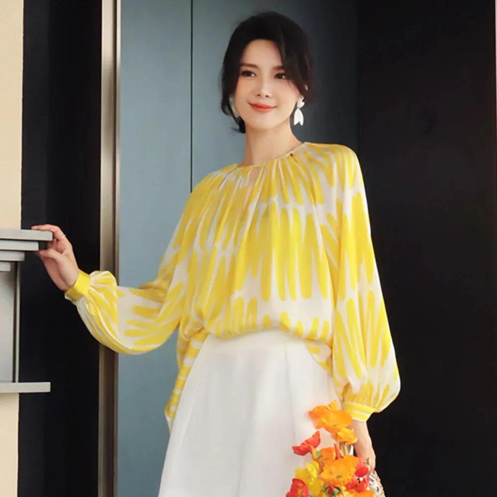 Hit Color Printing Shirt For Women Round Neck Lantern Sleeve Loose Pullover Casual Blouse Female Fashion Clothing