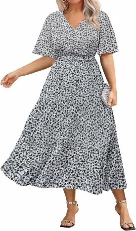 IN'VOLAND Plus Size Short Sleeve Dress for Women Summer Casual V Neck Floral Maxi Dresses with Pockets